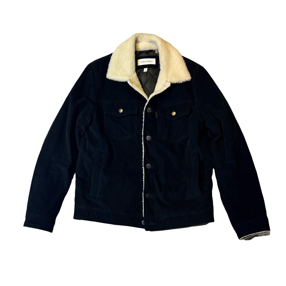 Calvin Klein mens S Small navy blue corduroy button up trucker jacket EUC